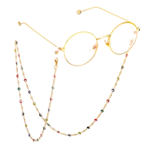Fashion gold round glasses with colorful evil eye handmade beaded chain strap