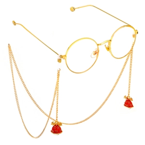 Golden round glasses chain with festive red enamel bell charms and reindeer pendants