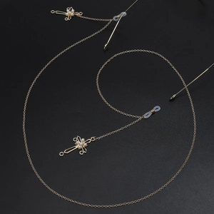 Catenina per occhiali dorata antiscivolo con pendenti a croce di perle e ganci