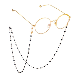 Minimalist gold round frame glasses with handmade black beaded crystal eyeglass chain