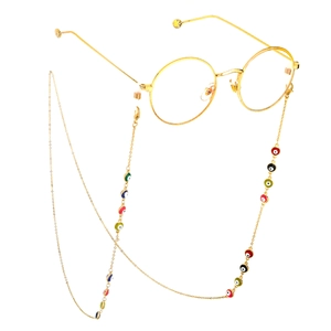 Fashion gold round frame glasses with colorful evil eye charm metal chain eyewear strap