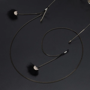 Catena per occhiali nera alla moda con strass scintillanti e ciondoli a sfera di piume