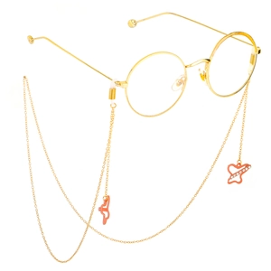 Golden round glasses with pink butterfly rhinestone chain and non-slip rubber loops