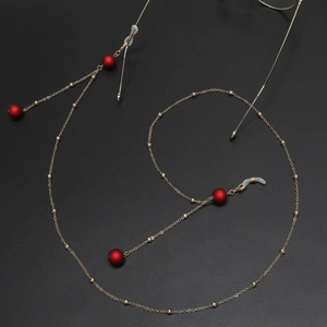 Fashion gold chain eyewear strap with red frosted beads and non-slip silicone loops