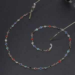 Colorful crystal beaded eyewear chain with gold links and non-slip silicone loops