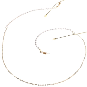 Minimalist gold eyeglass chain with white pearls and clear rubber grips on white background