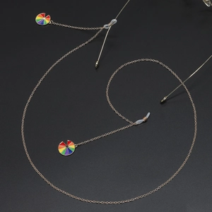 Golden non-slip eyeglass chain with colorful rainbow enamel pendants and metal links
