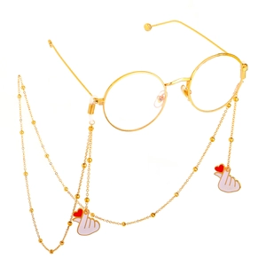 Fashion Gold Plated Alloy Glasses Chain With White Enamel Hand Heart Gesture Charms Anti-Slip Eyewear Retainer Beaded Strap
