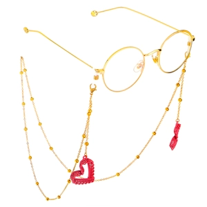 Chaîne De Lunettes En Métal Doré Avec Charmes De Coeur En Dentelle Rose Et Perles Cordon De Lunettes Femme