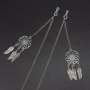 Chaîne à lunettes argentée attrape-rêves avec perles bleues et plumes suspendues