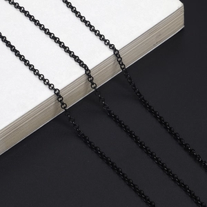 Detail of matte black round link chain for eyeglasses with sleek metallic finish