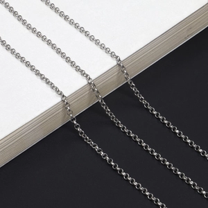 Macro detail of silver rolo chain links with polished finish for eyewear and jewelry