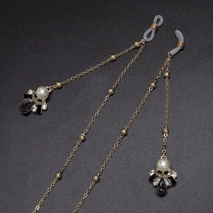 Glasses Chain Gold Metal With Imitation Artificial Pearl Flower Rhinestone Charm Elegant Anti-Slip Eyewear Strap For Women