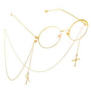 Golden round metal glasses with anti-slip chain featuring decorative cross pendants