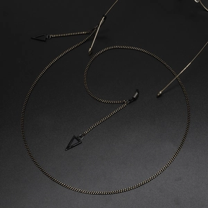 Minimalist black metal eyewear chain featuring geometric triangle pendants and rubber grips