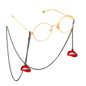 Fashionable black metal eyewear chain featuring vibrant red lip charms and non-slip loops