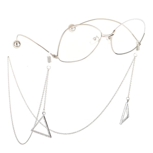 Silver metal eyewear chain with rhinestone triangle charms and anti-slip hooks