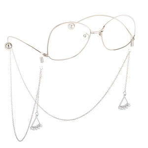 Silver metal eyewear chain with hollow triangle pendant and five small pearls