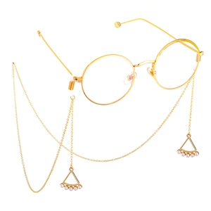 Golden round glasses with fashion non-slip chains featuring pearl triangle pendants