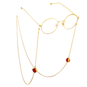 Fashion gold round frame glasses with handmade red frosted bead anti-lost chain strap