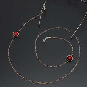 Fashion gold chain glasses holder with matte red beads for reading glasses strap