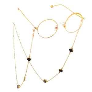 Gold metal round glasses with a black four-leaf clover decorative chain strap