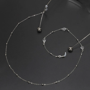 Fashionable silver eyewear chain with crystal beads and non-slip rubber loops