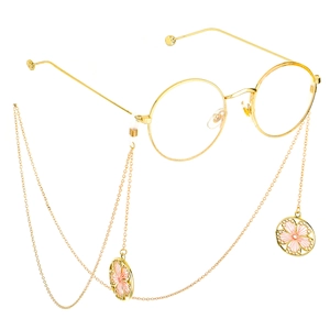 Golden round glasses chain with vintage metal frames and pink floral woven pendants