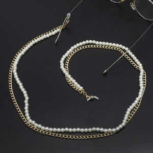 Chaîne De Lunettes Élégante Double Couche Alliage Métal Et Fausse Künstliche Perle Cordon De Lunettes Antidérapant Femme