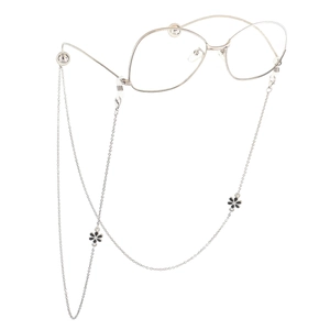 Silver eyeglass chain with black floral charms and adjustable silicone loops