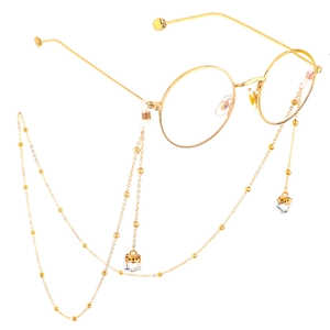 Minimalist gold round glasses with beaded metal chain and clear crystal pendant
