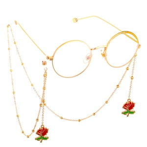 Gold round glasses with metal bead chain and red rose floral enamel charms