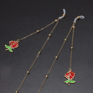Elegant Red Rose Glasses Chain Gold Metal Beaded Eyeglass Lanyard Non-Slip Floral Sunglass Strap For Women