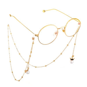 Elegante goldene Brillenkette aus Metall mit Perlen und Kronen-Anhänger an Rundbrillen