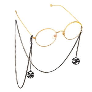 Fashionable gold frame round glasses with black butterfly pendant chain straps