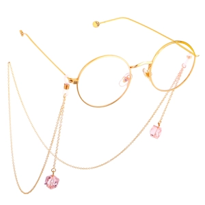 Gold chain glasses strap with pink cube crystal charms and round metal frame glasses