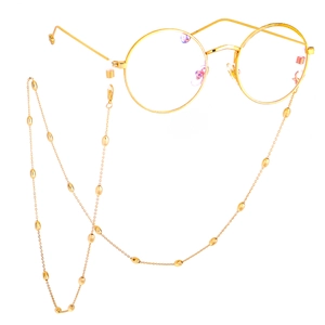 Minimalist gold metal round frame glasses with matching beaded oval link chain
