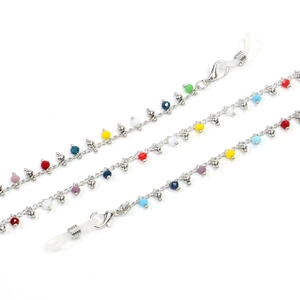 Detail of colorful beads on non-slip silver metal glasses chain with lobster clasps