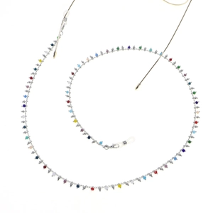 Detailed view of handmade beaded glasses chain with colorful beads and lobster clasps