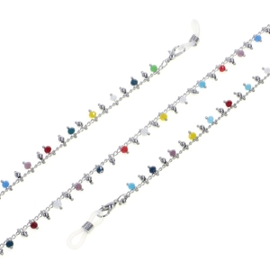 Detailed view of silver chain with colorful beads and clear silicone loop connectors