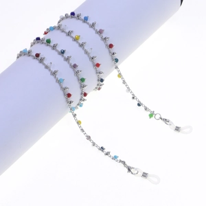 Detail of colorful beads on silver glasses chain with non-slip silicone loops