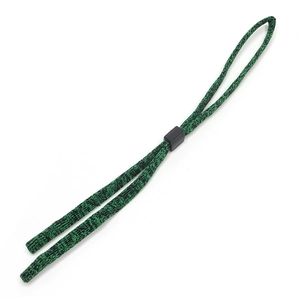 Detail of green and black braided eyewear strap with adjustable plastic slider cord lock