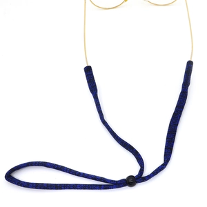 Adjustable blue and black braided glasses strap with slider bead on gold frames