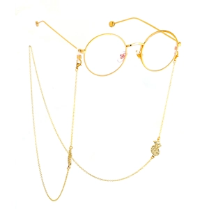 Golden round metal eyeglasses with trendy pineapple pendant anti-slip fashion eyewear chain