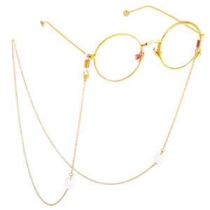 Vintage golden round frame glasses with thin metallic eyewear chain and white pearl charms