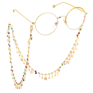 Golden round glasses with a colorful rhinestone butterfly star anti-slip decorative chain