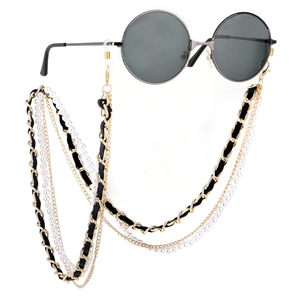 Retro round sunglasses with multi-layer tassel pearl chain and woven leather cord strap