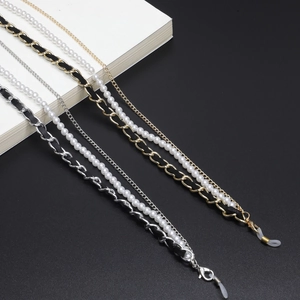 Elegant multi-layered eyeglass chains with pearls, metal links and non-slip silicone loops