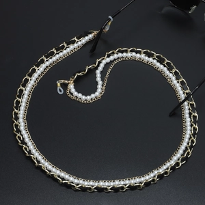 Multi-layer gold chain glasses strap with pearls and leather tassel for sunglasses