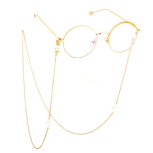 Lunettes rondes dorées avec chaîne de lunettes élégante ornée de perles blanches